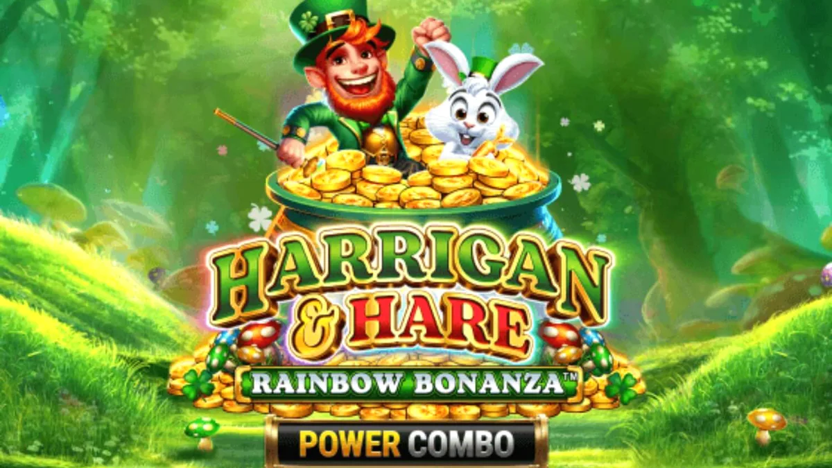 Harrigan & Hare Rainbow Bonanza Power Combo slot machine interface na may Irish theme